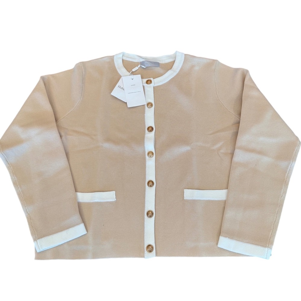 Hobemty Womens Tan White Contrast Knit Cardigan Sweater Gold Button Jacket L
